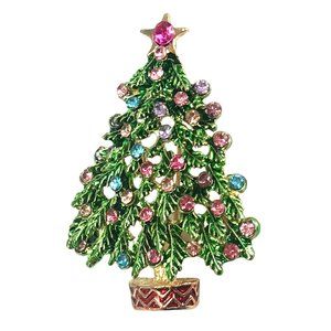 Colorful Openwork Enamel and Rhinestone Christmas Tree Brooch Pin Pendant